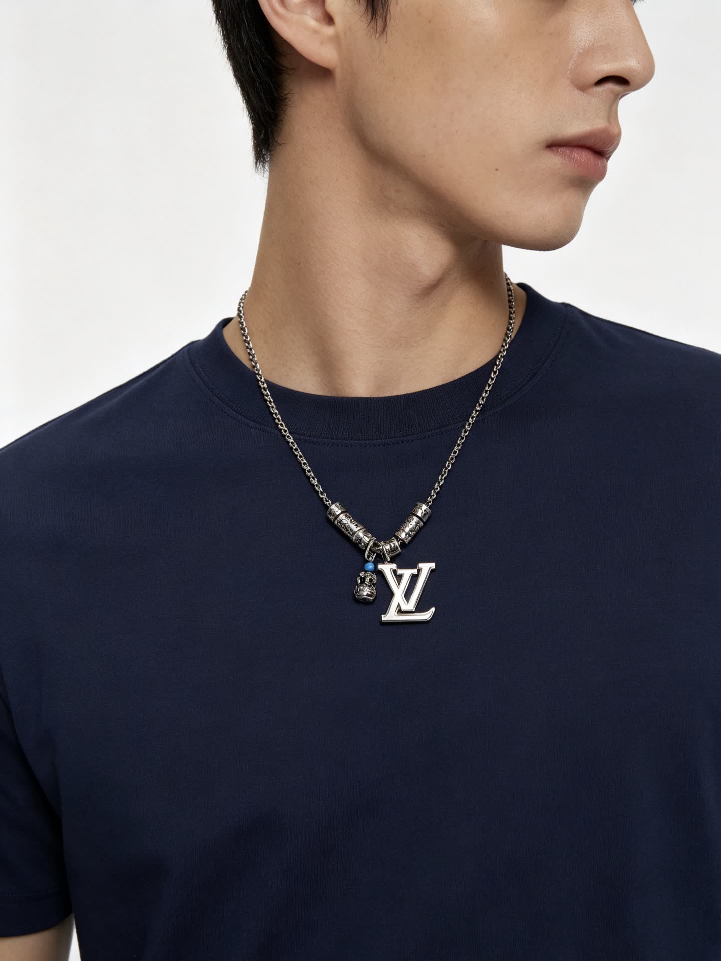 Louis Vuitton Silver Tone Chain Necklace with LV Logo and Charms